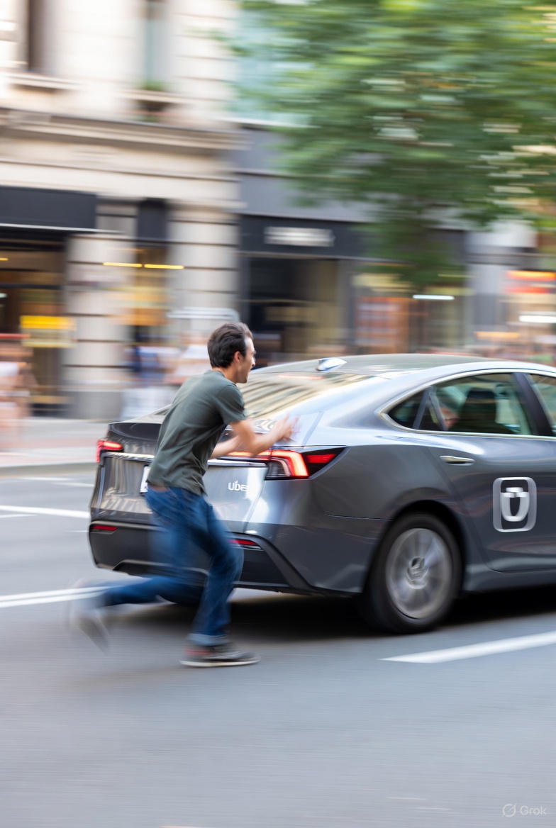 Person in panic running after an Uber car because they left their phone inside – stay calm with these steps